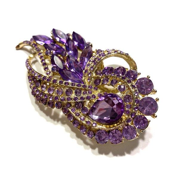 Runway Style Textured Gold Statement Brooch Covered in Light Purple Rhinestones - Picture 2 of 8